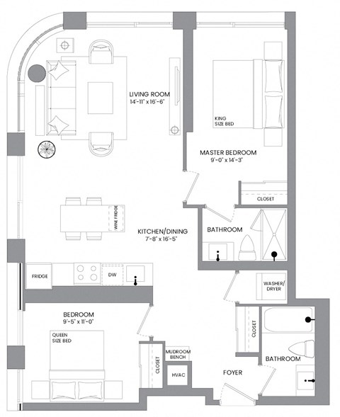 Floor plan for 2 beds, 2 baths, 965 sqft